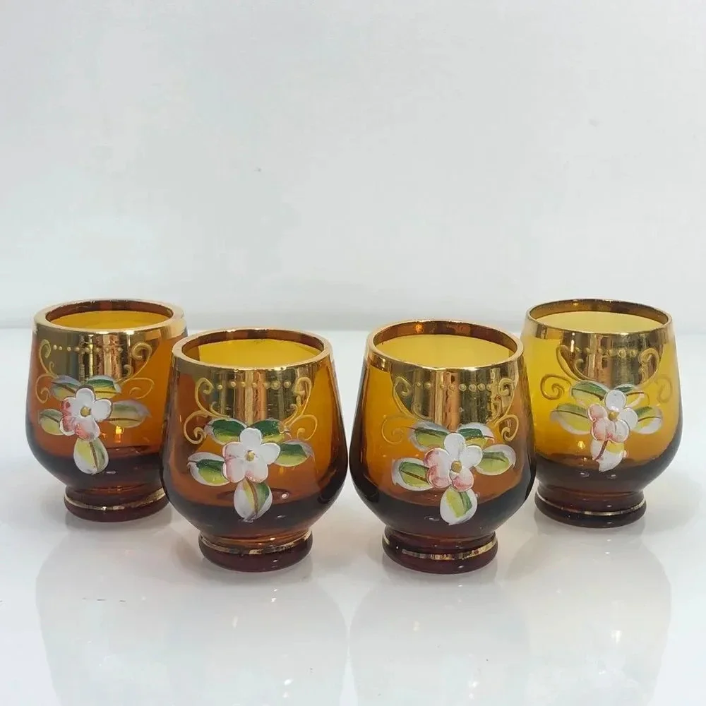 Bohemian Amber Glass Gold Gilding Raised Hand Painted Floral Design Shot Glasses